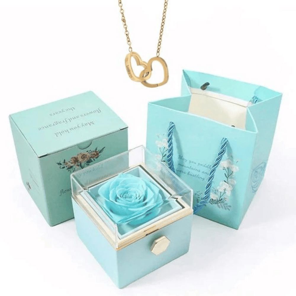Colar Dois Corações com Caixa Giratória – Presente Personalizado FEMININO - ACESSORIOS - CAIXA COM COLAR Dm Stores Caixa Azul + Ouro