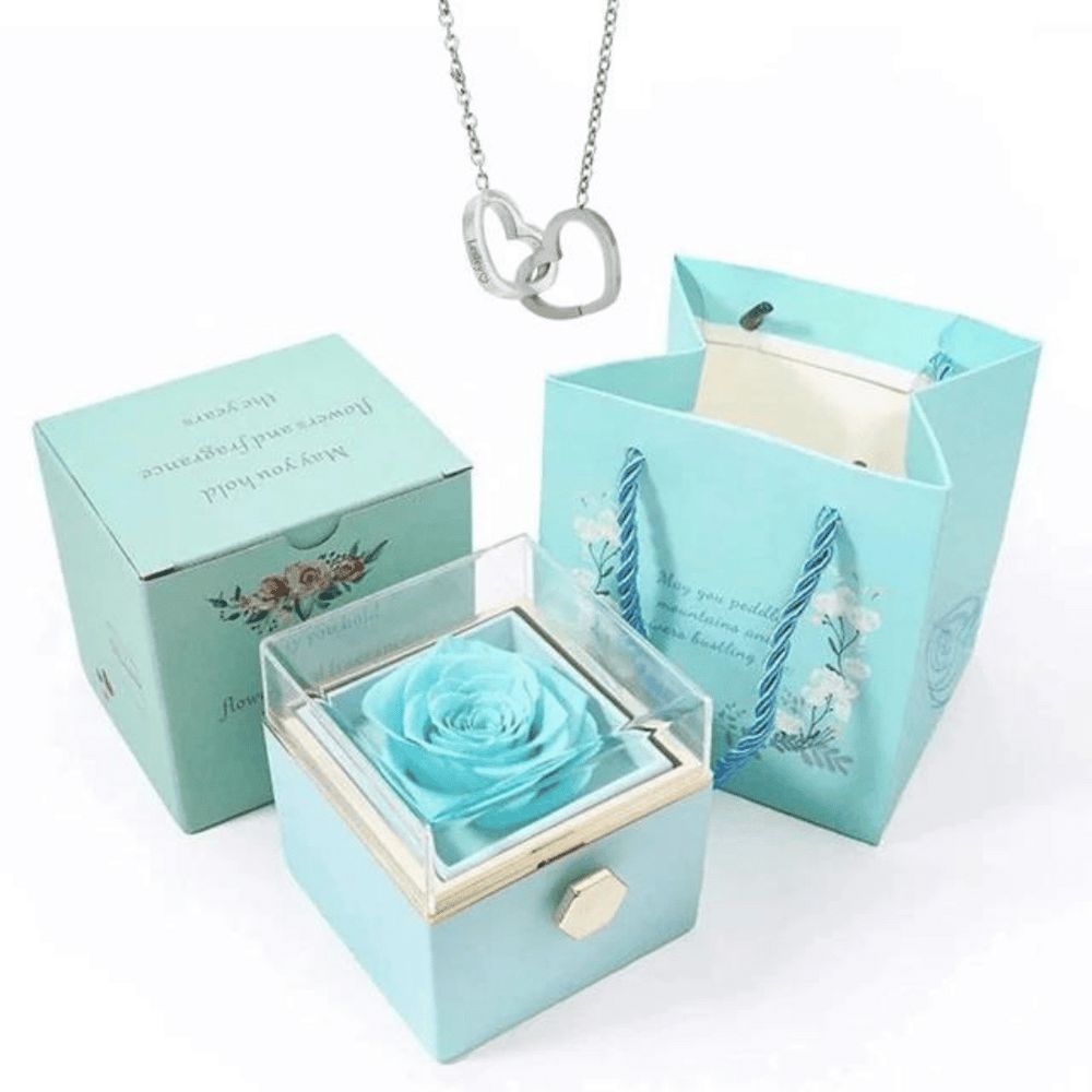 Colar Dois Corações com Caixa Giratória – Presente Personalizado FEMININO - ACESSORIOS - CAIXA COM COLAR Dm Stores Caixa Azul + Prata