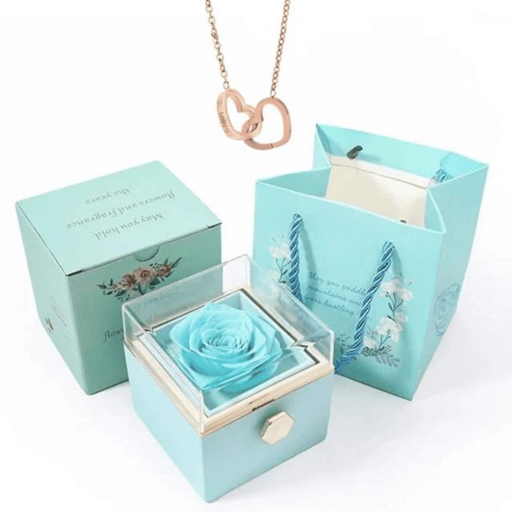 Colar Dois Corações com Caixa Giratória – Presente Personalizado FEMININO - ACESSORIOS - CAIXA COM COLAR Dm Stores Caixa azul + Rose Gold