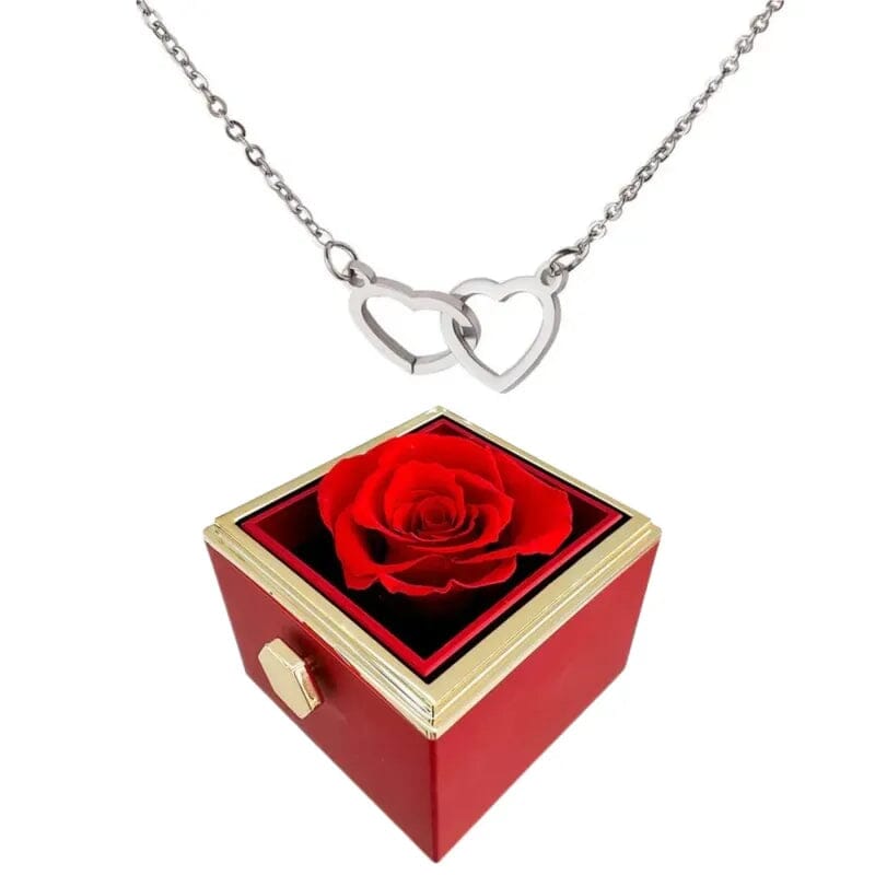 Colar Dois Corações com Caixa Giratória – Presente Personalizado FEMININO - ACESSORIOS - CAIXA COM COLAR Dm Stores Caixa Vermelha + Prata