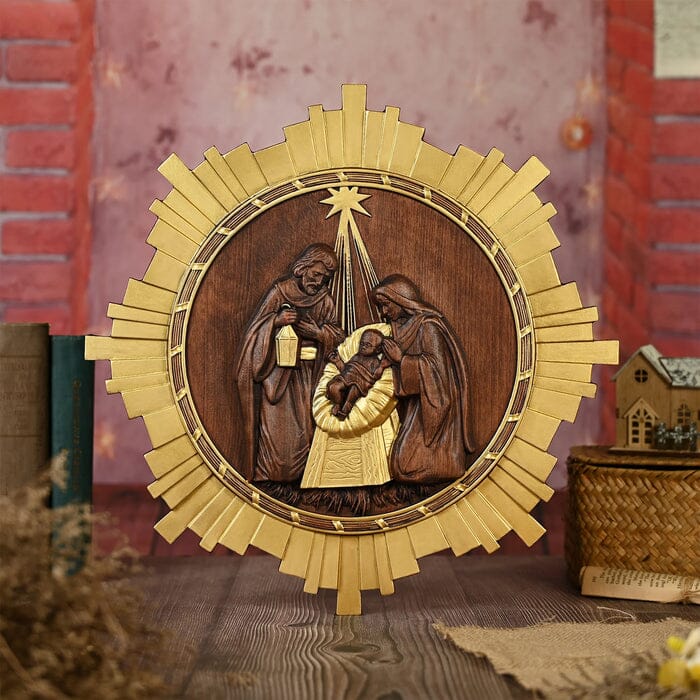 Escultura Presépio Jesus, Maria e José em Madeira UNISSEX - DECORAÇAO - ESCULTURA PRESEPIO 1 Dm Stores Dourado 20cm