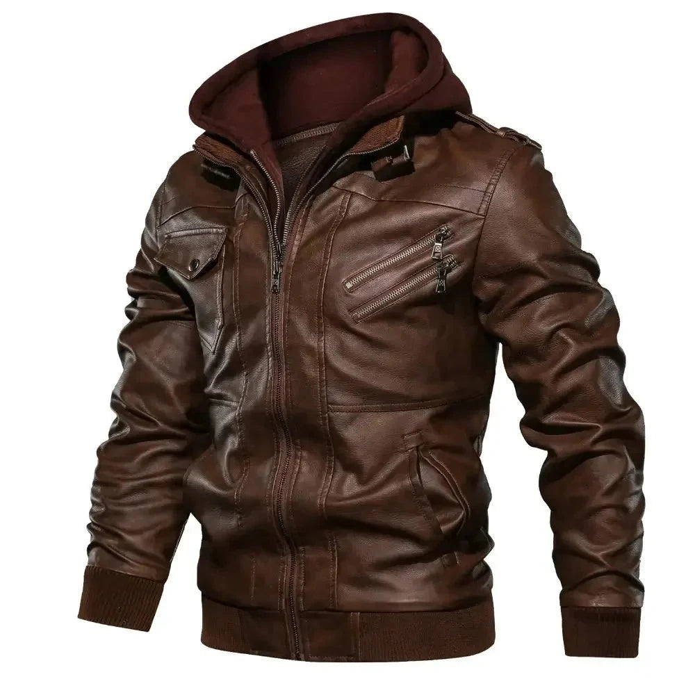 Jaqueta de Couro Masculina com Capuz Jaqueta de Couro Masculina com Capuz Removível Sr Alpha