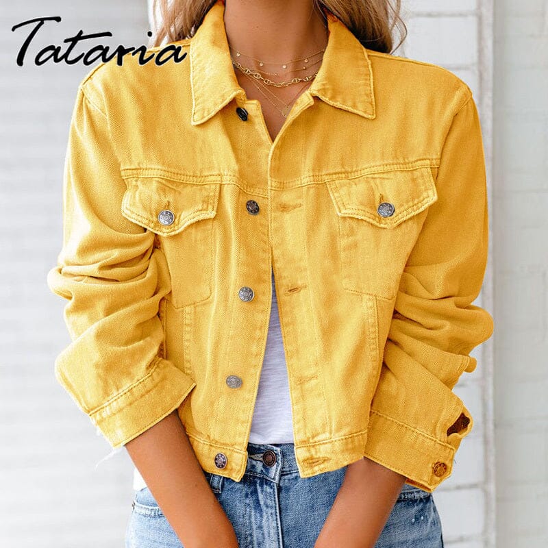 Jaqueta Jeans Feminina em Cores Vibrantes – Versatilidade e Estilo para Todas as Estações FEMININO - VESTUÁRIO - JAQUETA JEANS Dm Stores Amarela P