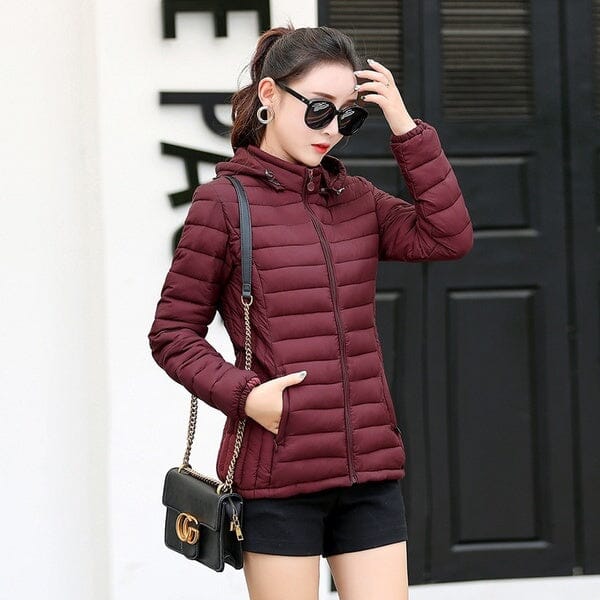 Jaqueta Puffer Feminina Slim Fit com Capuz FEMININO - ROUPAS - JAQUETA 1 Dm Stores M Vinho