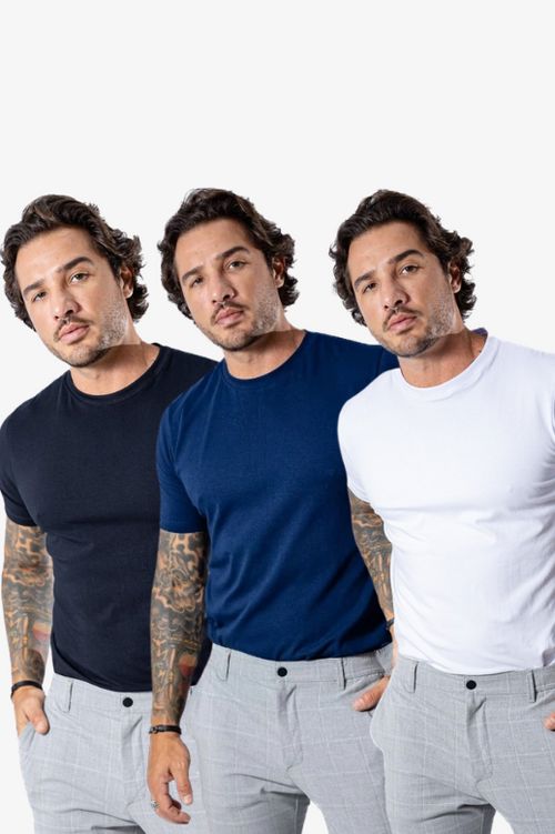 Kit de 3 Camisetas FlexFit Cotton Premium MASCULINO - ROUPAS - KIT CAMISETAS 1 Dm Stores Preto/Branco/Azul P