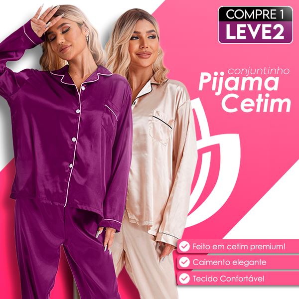 Conjunto de Pijama Cetim +BRINDE: 1 Par de Meias Peluciadas [Compre 1 Leve 2] FEMININO - ROUPAS - PIJAMA 1 Dm Stores 
