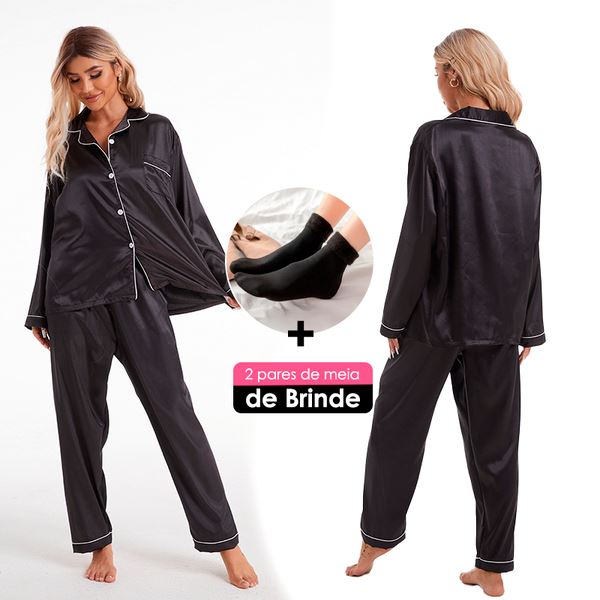 Conjunto de Pijama Cetim +BRINDE: 1 Par de Meias Peluciadas [Compre 1 Leve 2] FEMININO - ROUPAS - PIJAMA 1 Dm Stores Preto Vermelho PP