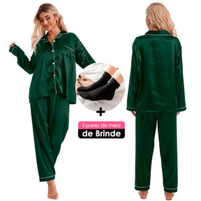 Conjunto de Pijama Cetim +BRINDE: 1 Par de Meias Peluciadas [Compre 1 Leve 2] FEMININO - ROUPAS - PIJAMA 1 Dm Stores Verde Vermelho PP