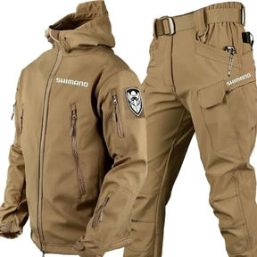 Conjunto Jaqueta Impermeável Militar com Proteção UV + Calça de Pesca Tática - Shimano MASCULINO - ROUPAS - KIT JAQUETA + CALCA 1 Dm Stores Terra P 