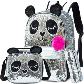 Kit Escolar para Menina com Lantejoulas Mochila, Lancheira e Estojo Infantil (Kit Escolar 4) Dm Stores Panda Preto 
