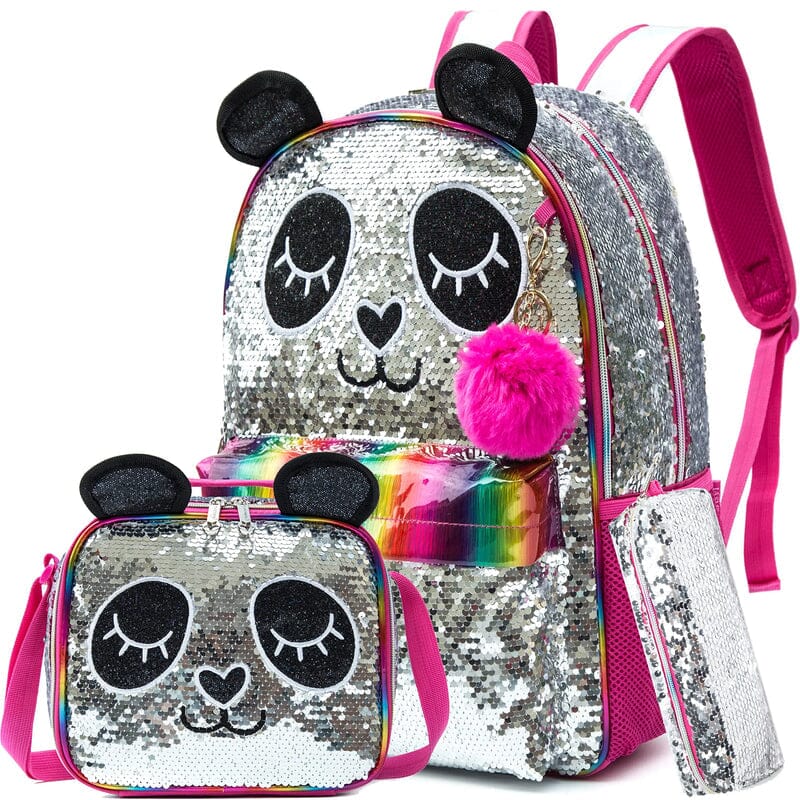 Kit Escolar para Menina com Lantejoulas Mochila, Lancheira e Estojo Infantil (Kit Escolar 4) Dm Stores Panda Rosa 
