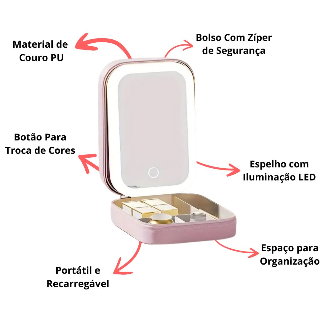 Organizador de Acessórios Portátil com Espelho LED - MakeBag FEMININO - CASA - ORGANIZADOR 3 Dm Stores 