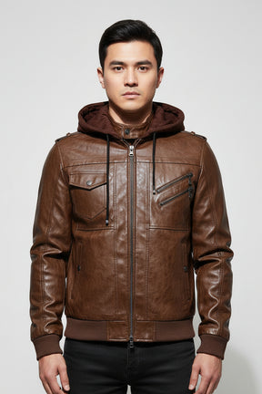 Jaqueta de Couro Masculina Premium com Capuz Removível Roupas (Jaqueta Masculina 14) Dm Stores Café P 